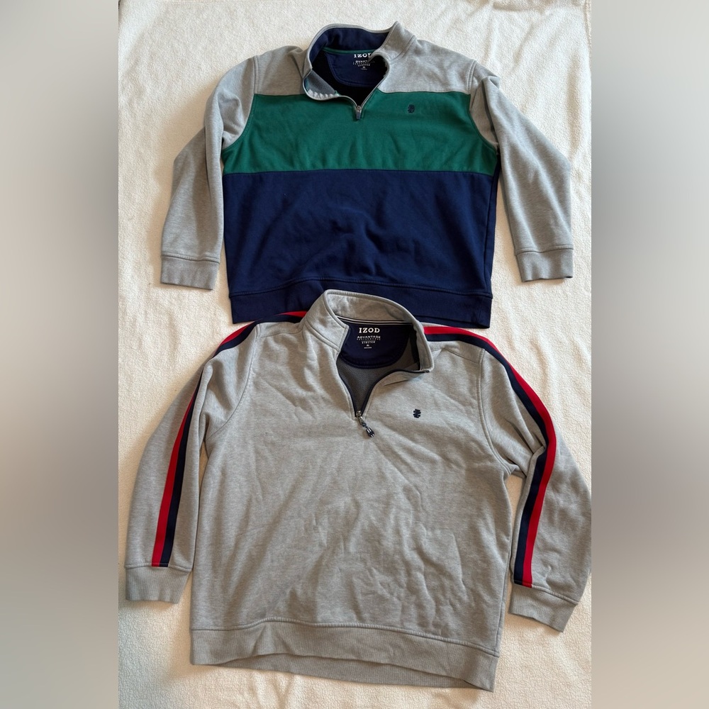 Izod Gray and Navy Zip-Up Sweater with Red Accents
